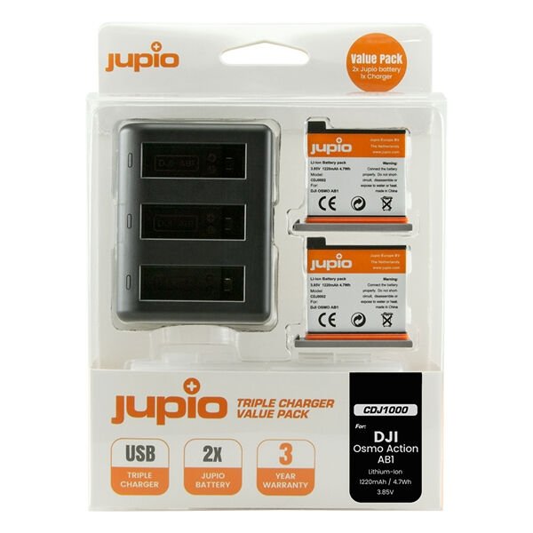 Jupio Value Pack: 2x Battery DJI Osmo Action AB1 1220mAh + Compact USB Triple Charger